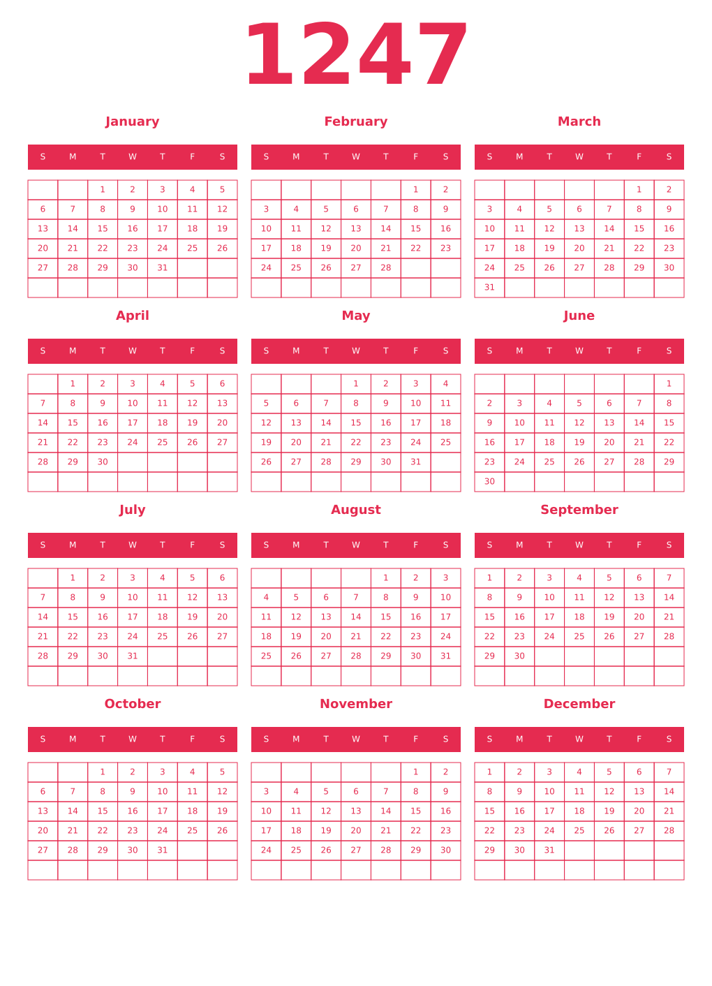 Printable 1247 Year Calendars amaranth
