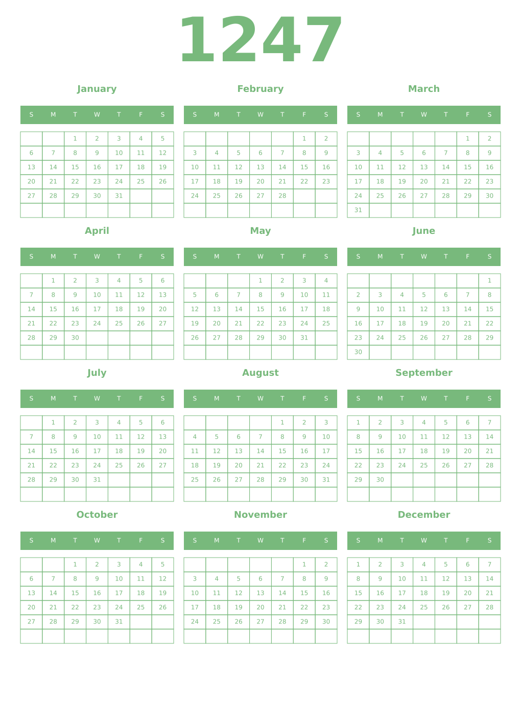 Printable 1247 Year Calendars celadon