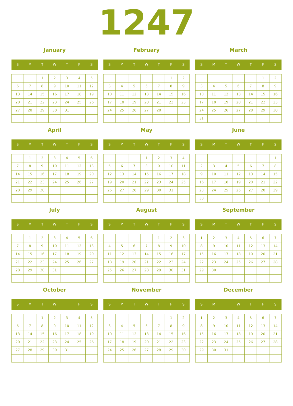 Printable 1247 Year Calendars chartreuse