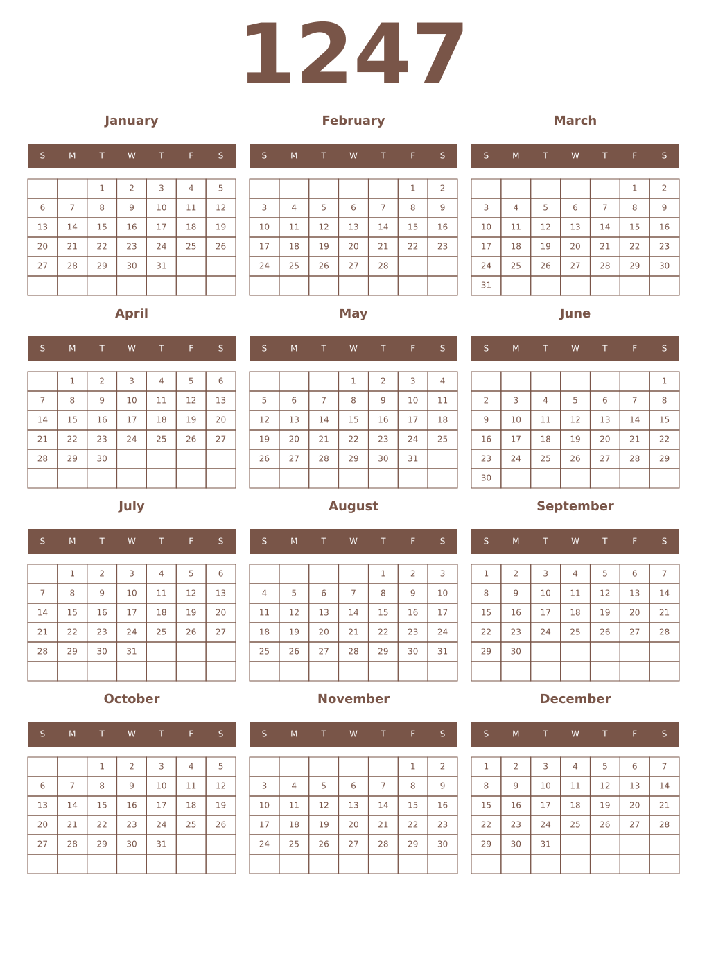 Printable 1247 Year Calendars coffe