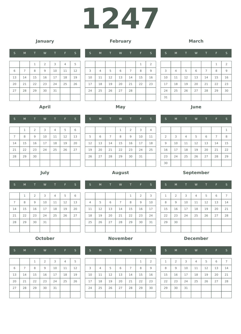 Printable 1247 Year Calendars feldgrau