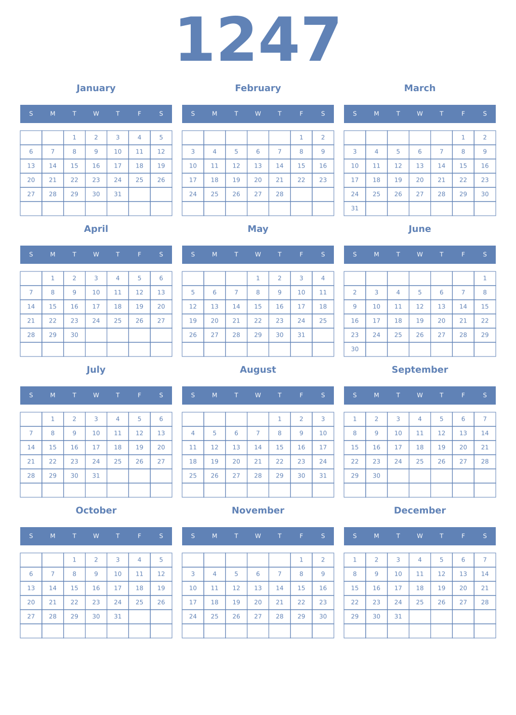 Printable 1247 Year Calendars glaucous