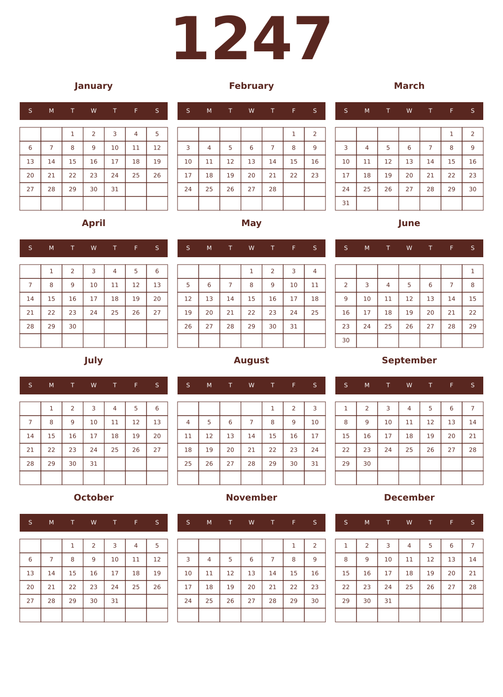 Printable 1247 Year Calendars mortuum