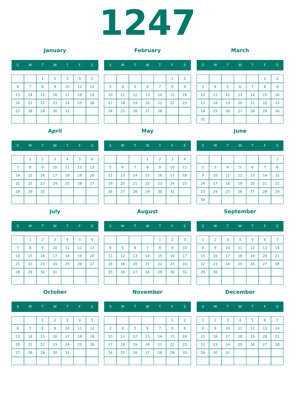 Printable 1247 Year Calendars pastel