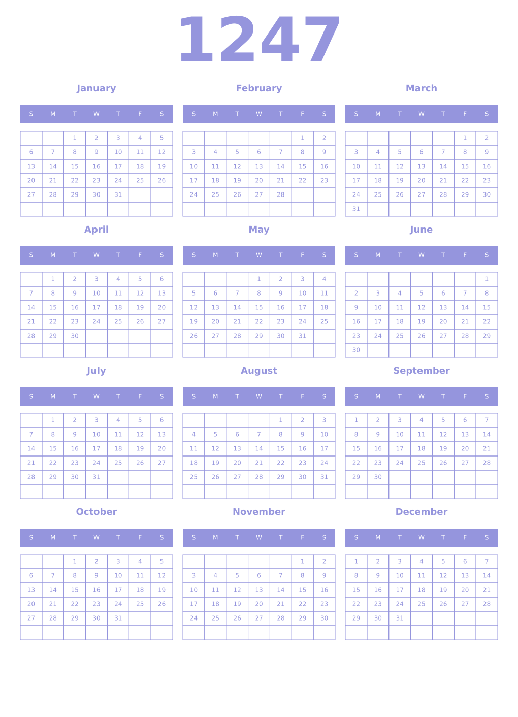 Printable 1247 Year Calendars periwinkle