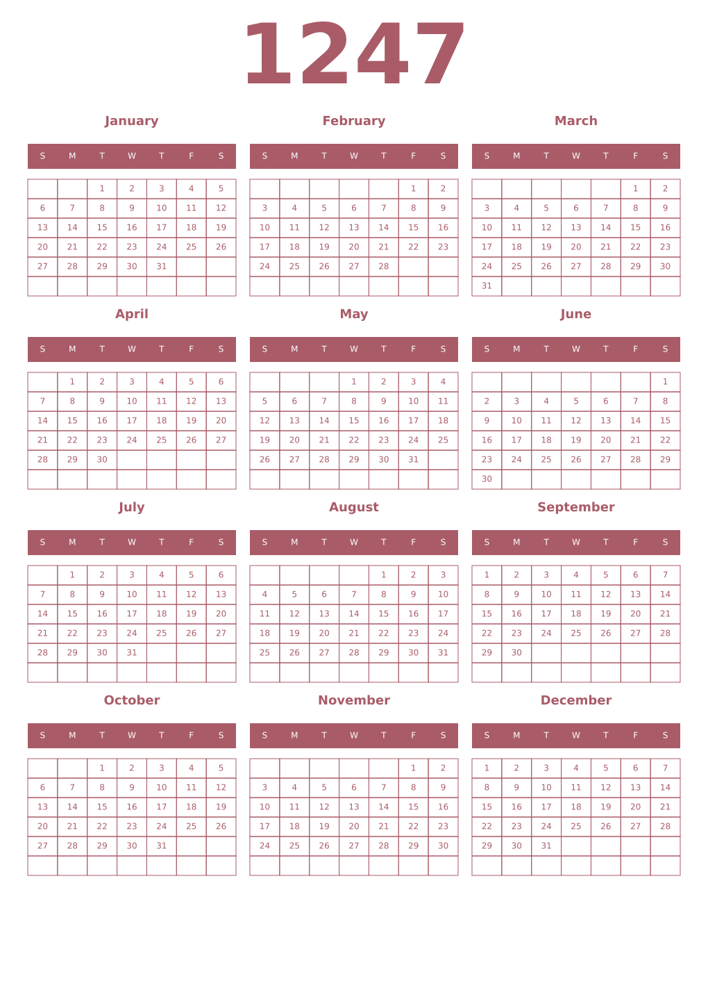 Printable 1247 Year Calendars puce