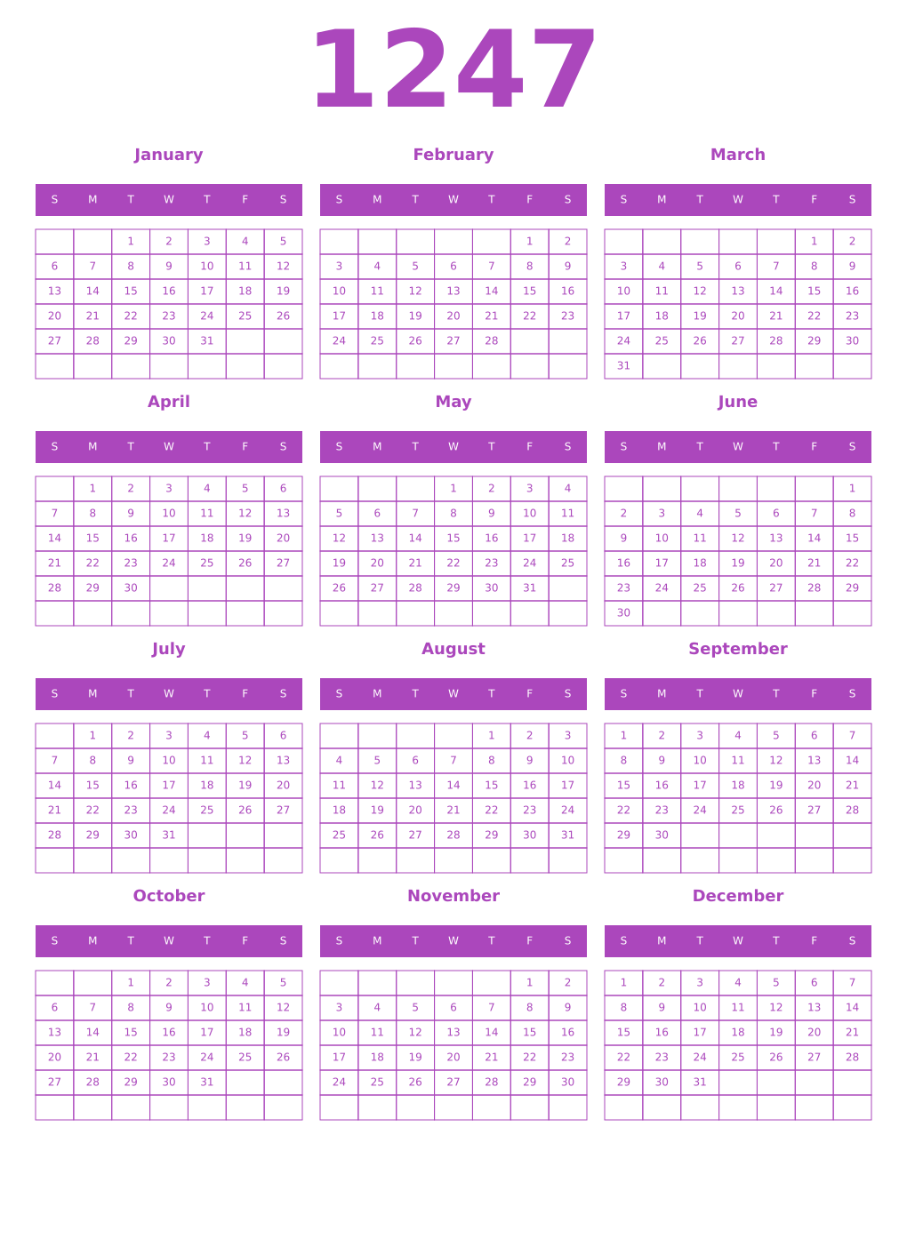 Printable 1247 Year Calendars purple