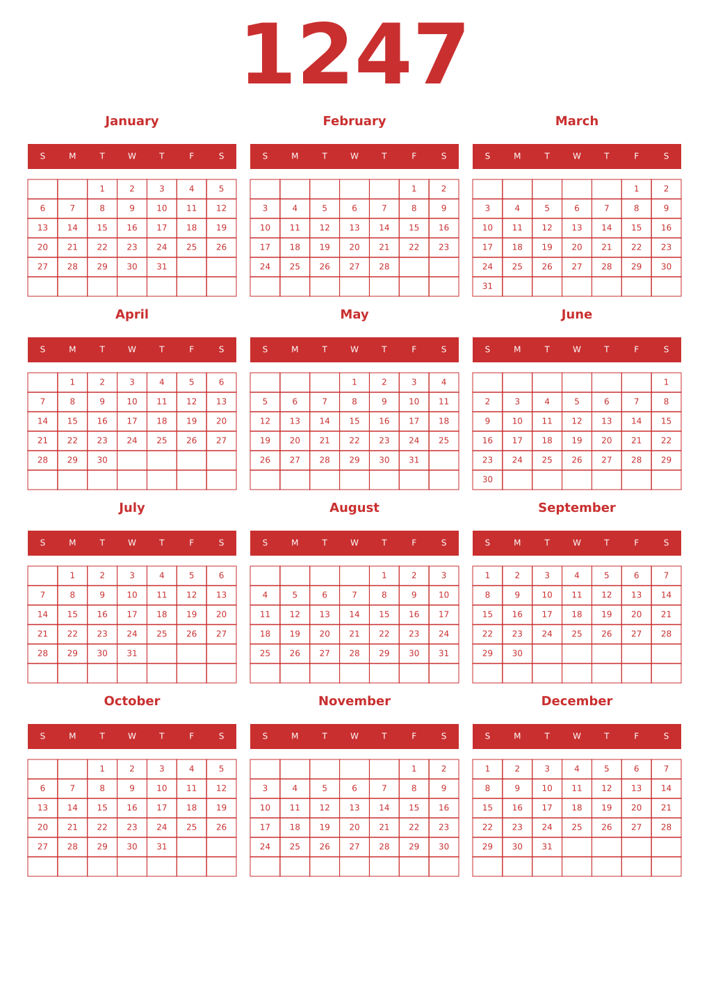 Printable 1247 Year Calendars red