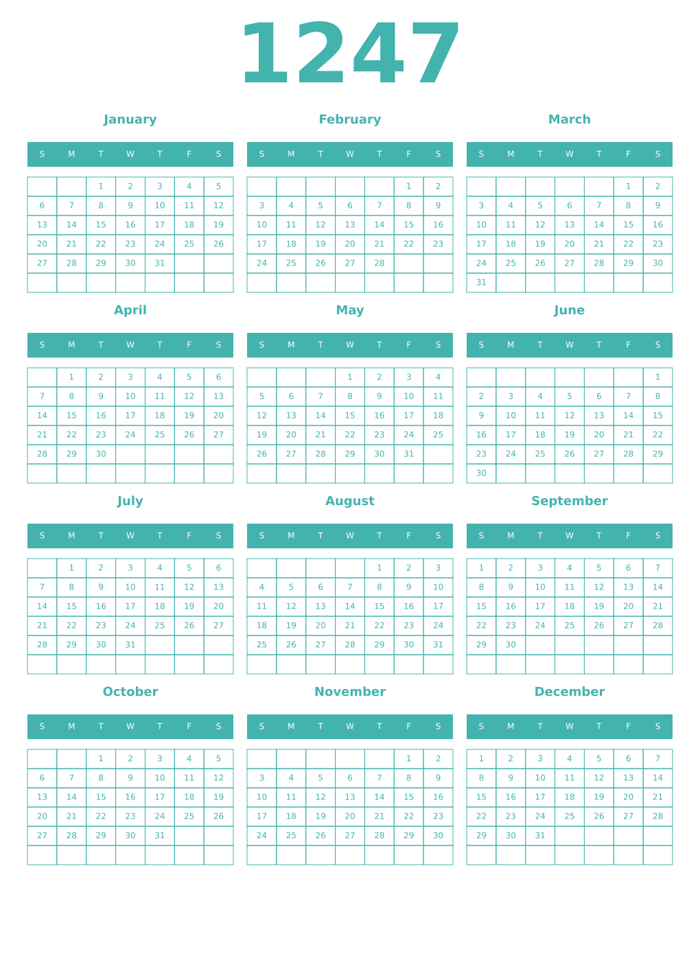 Printable 1247 Year Calendars verdigris