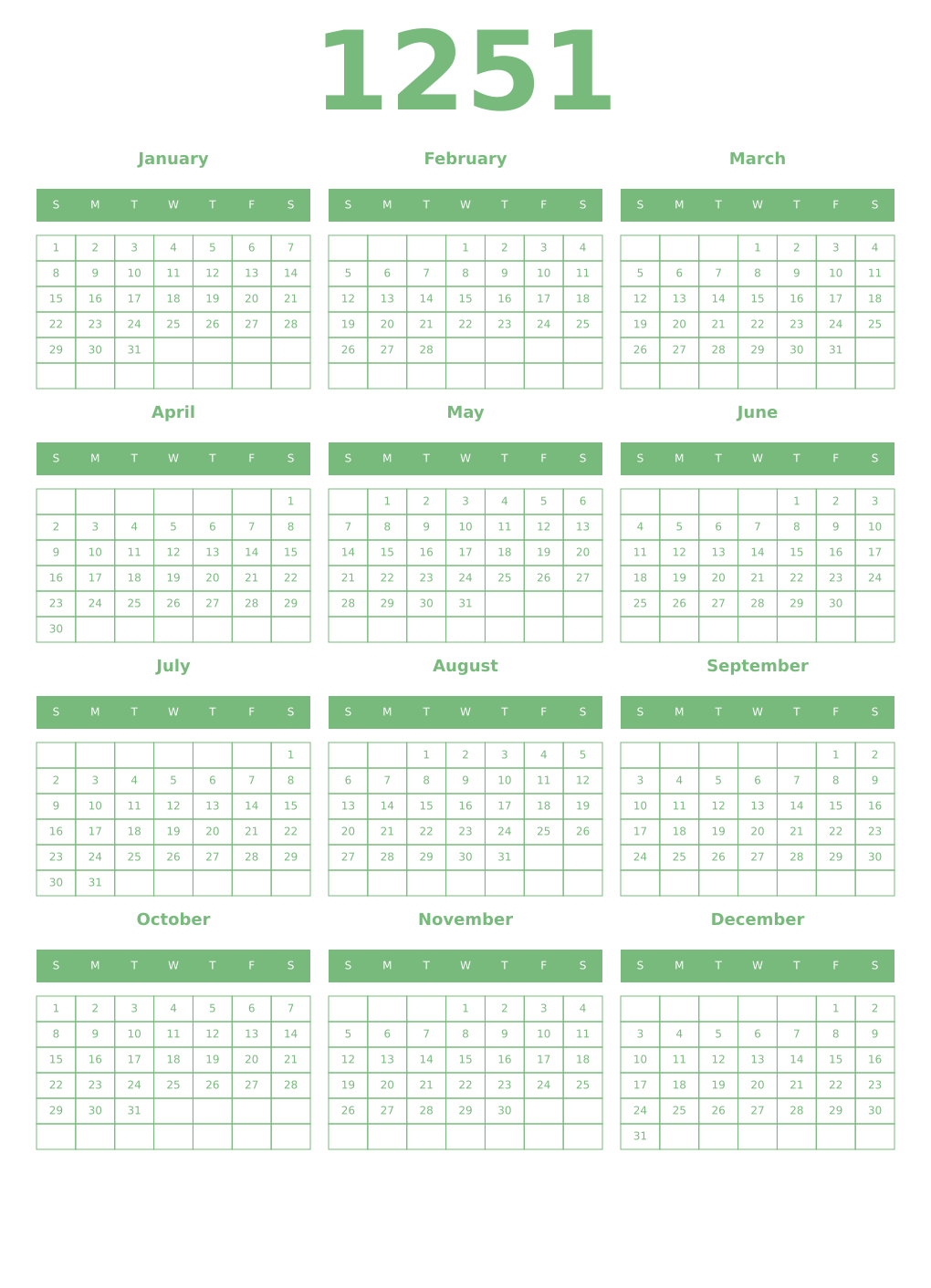 Printable 1251 Year Calendars celadon