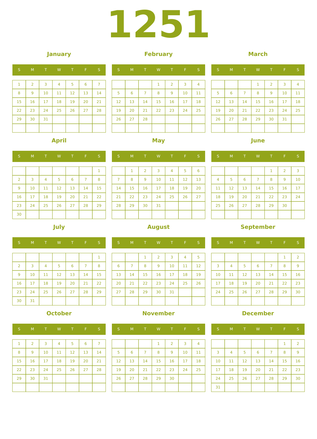 Printable 1251 Year Calendars chartreuse