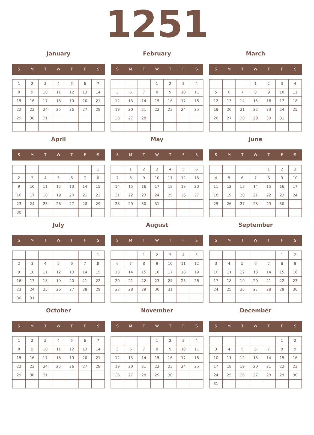 Printable 1251 Year Calendars coffe