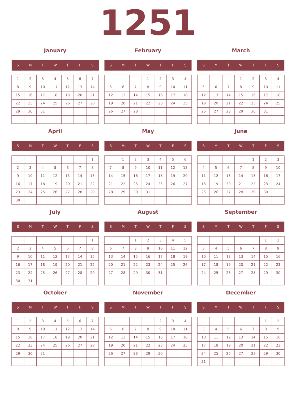 Printable 1251 Year Calendars cordovan