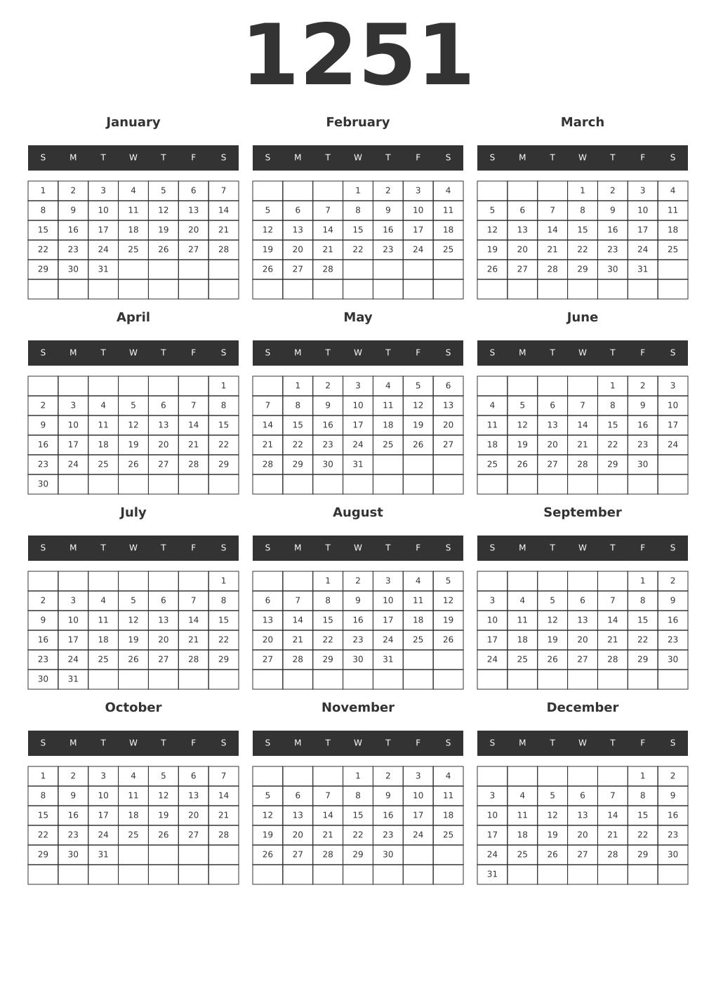 Printable 1251 Year Calendars dark