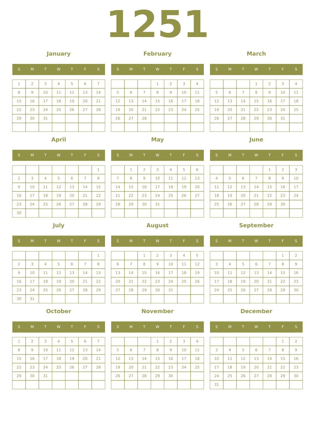 Printable 1251 Year Calendars eburnean