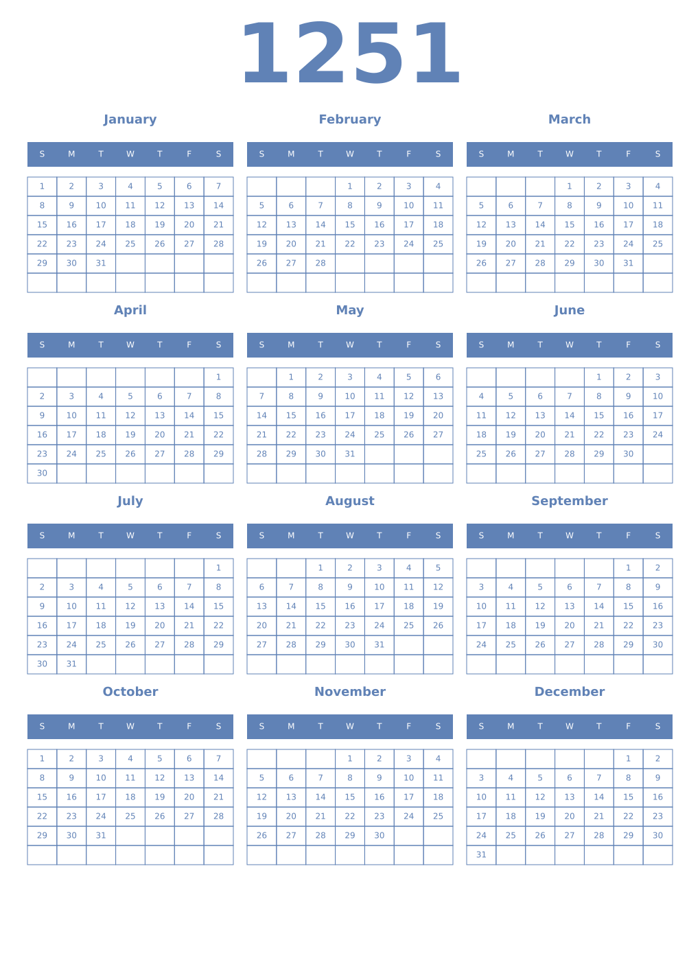 Printable 1251 Year Calendars glaucous