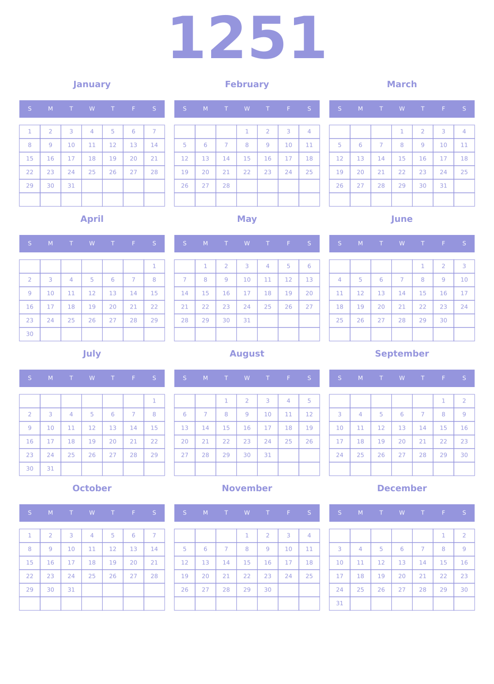 Printable 1251 Year Calendars periwinkle