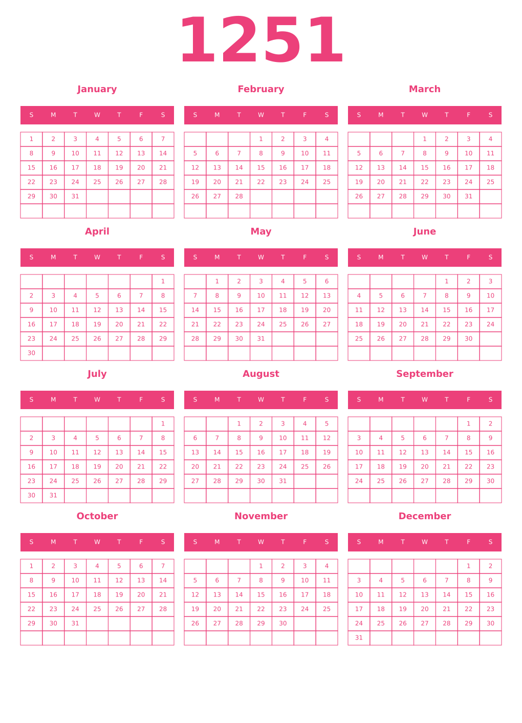 Printable 1251 Year Calendars pink