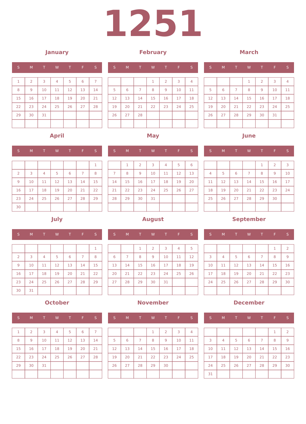 Printable 1251 Year Calendars puce