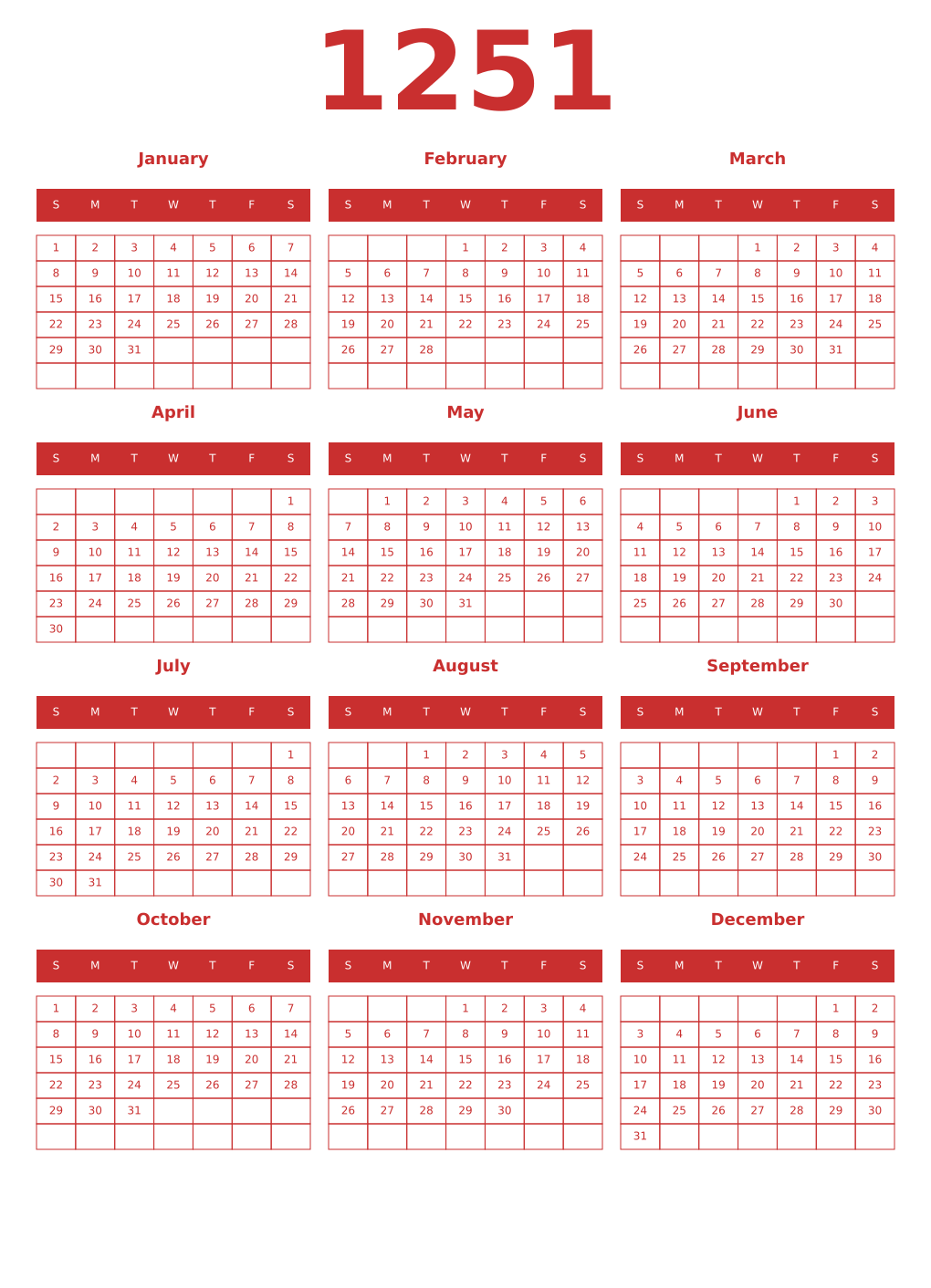 Printable 1251 Year Calendars red