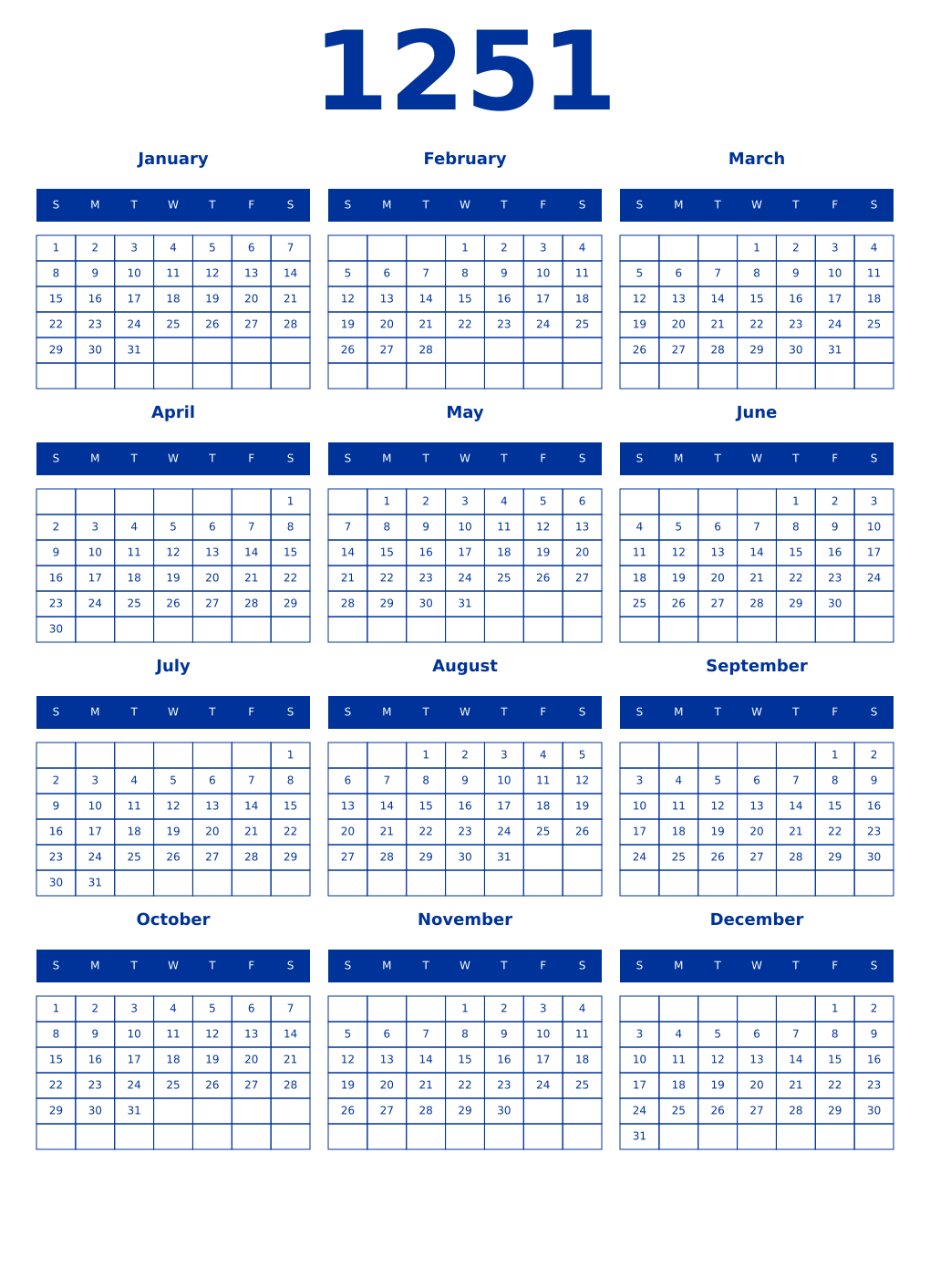 Printable 1251 Year Calendars smalt