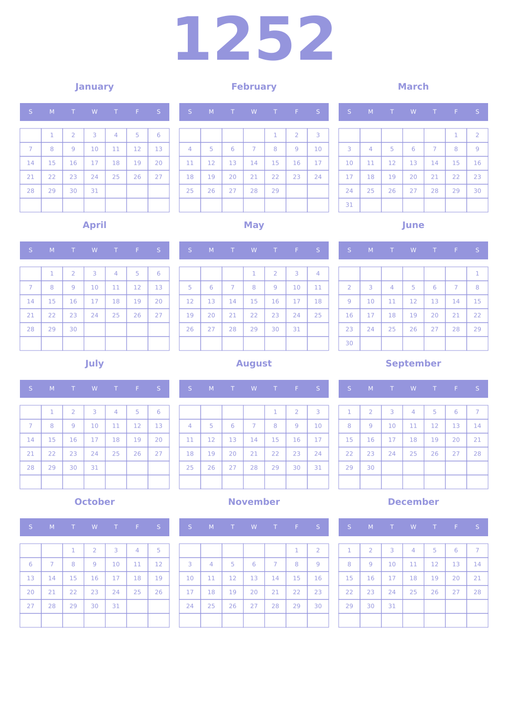 Printable 1252 Year Calendars periwinkle