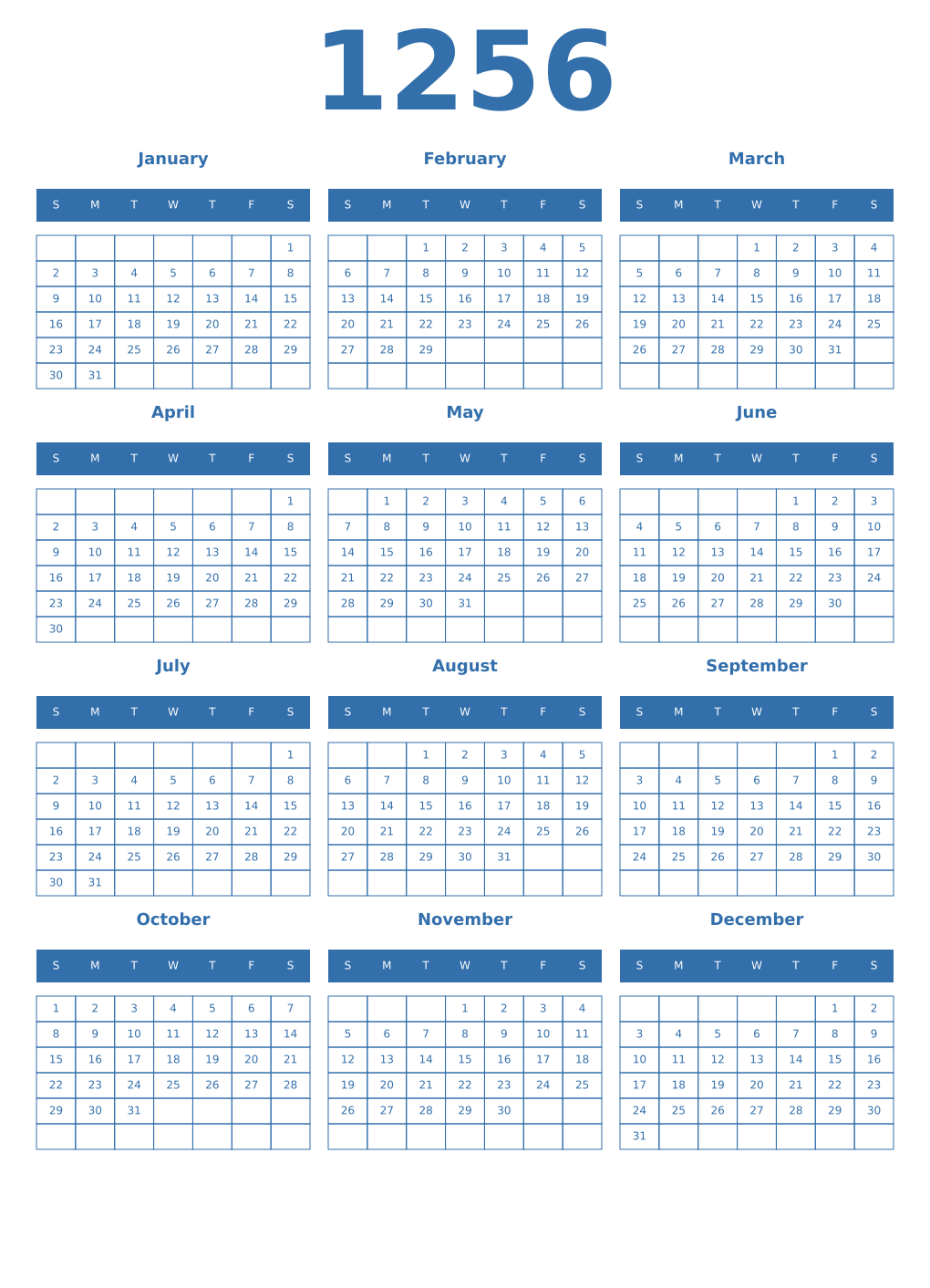 Printable 1256 Year Calendars blue