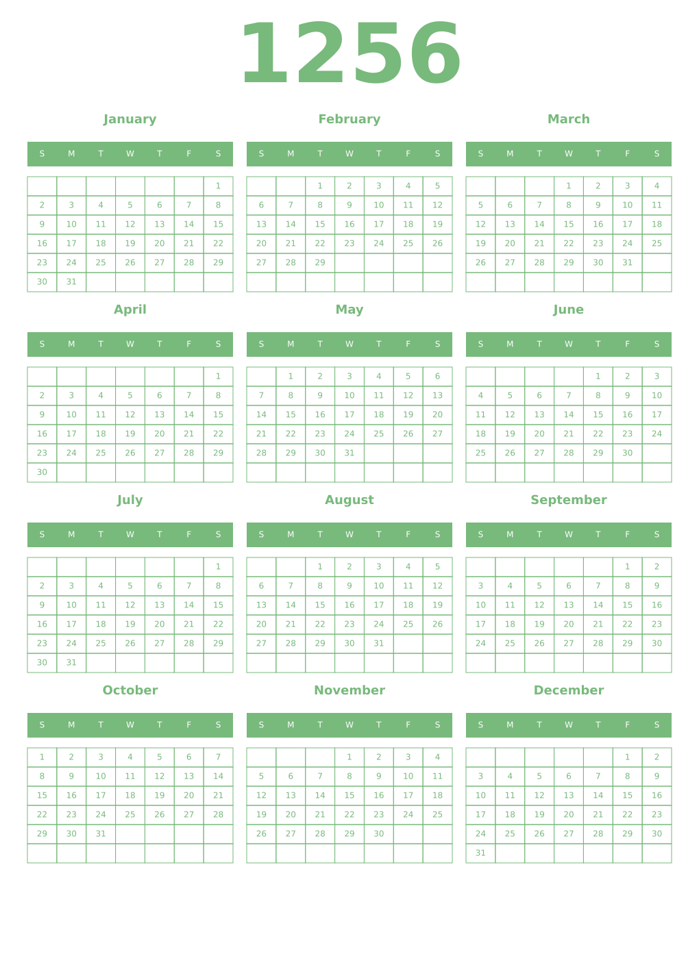 Printable 1256 Year Calendars celadon