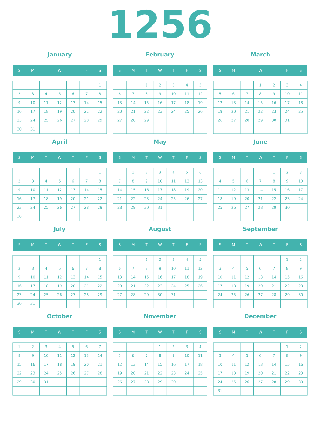 Printable 1256 Year Calendars verdigris