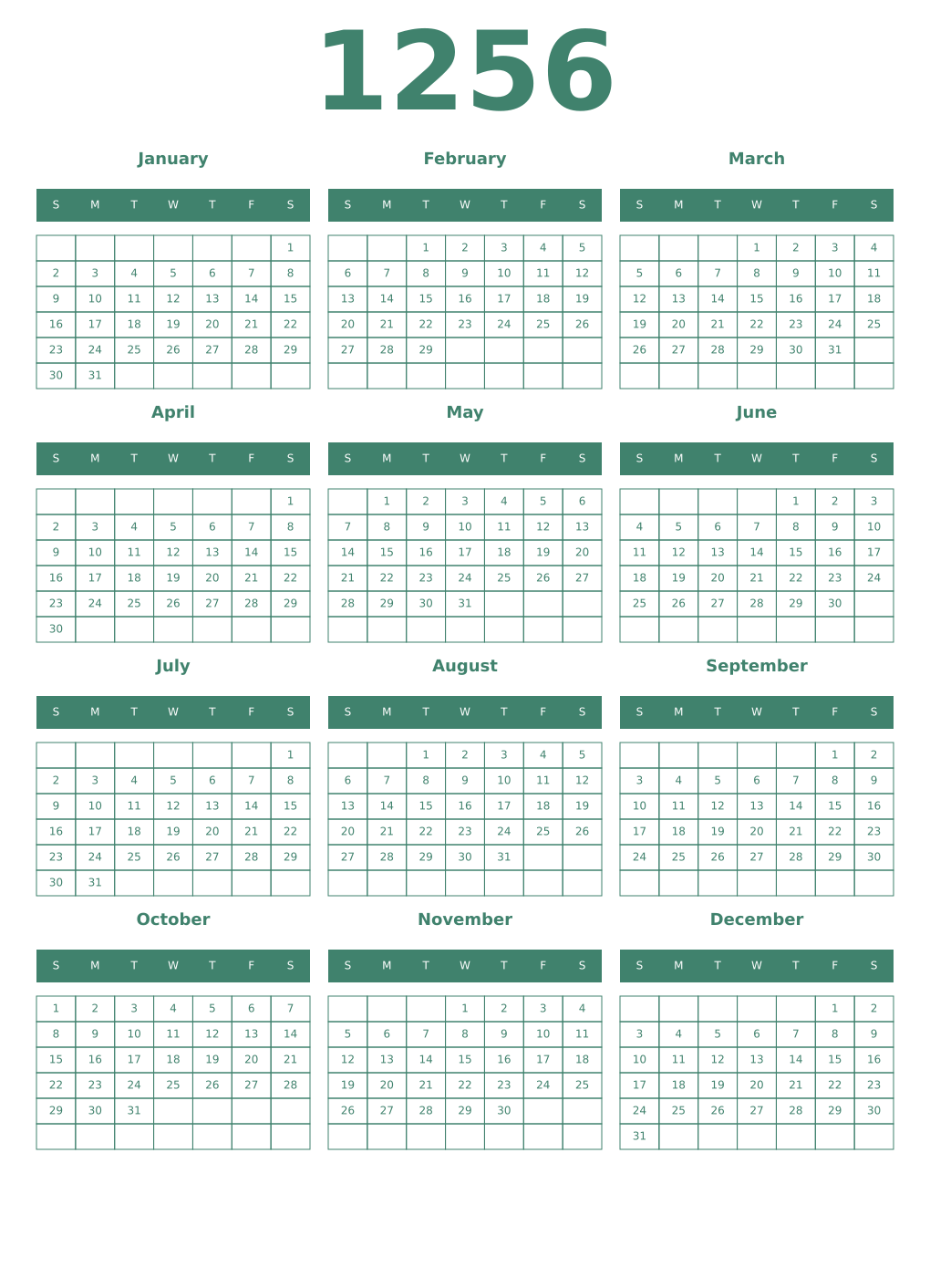 Printable 1256 Year Calendars viridian