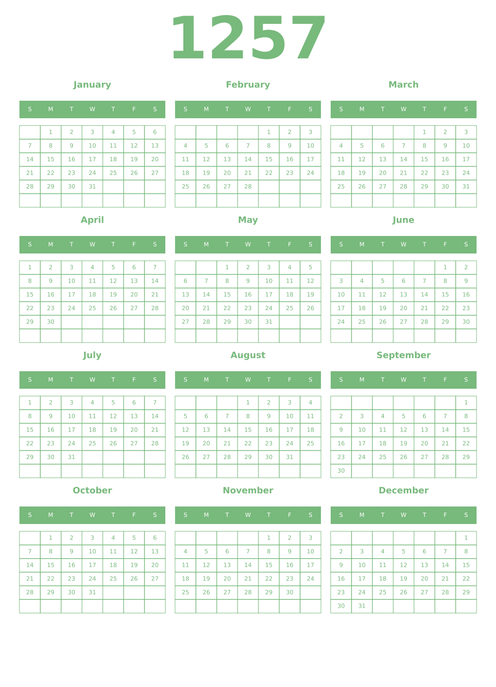 Printable 1257 Year Calendars celadon