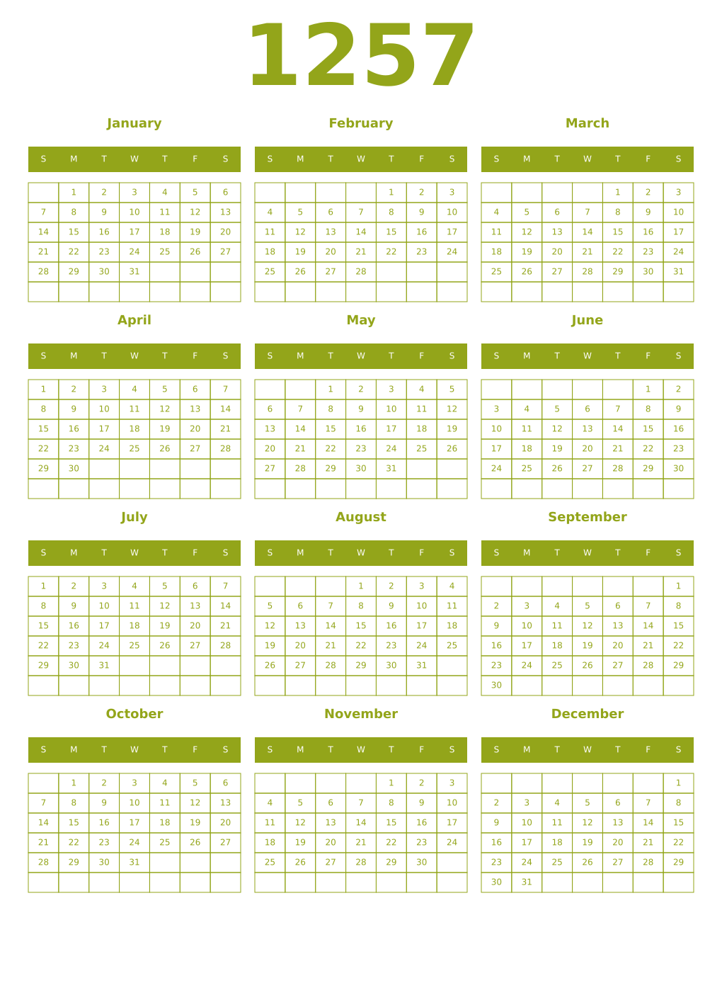 Printable 1257 Year Calendars chartreuse