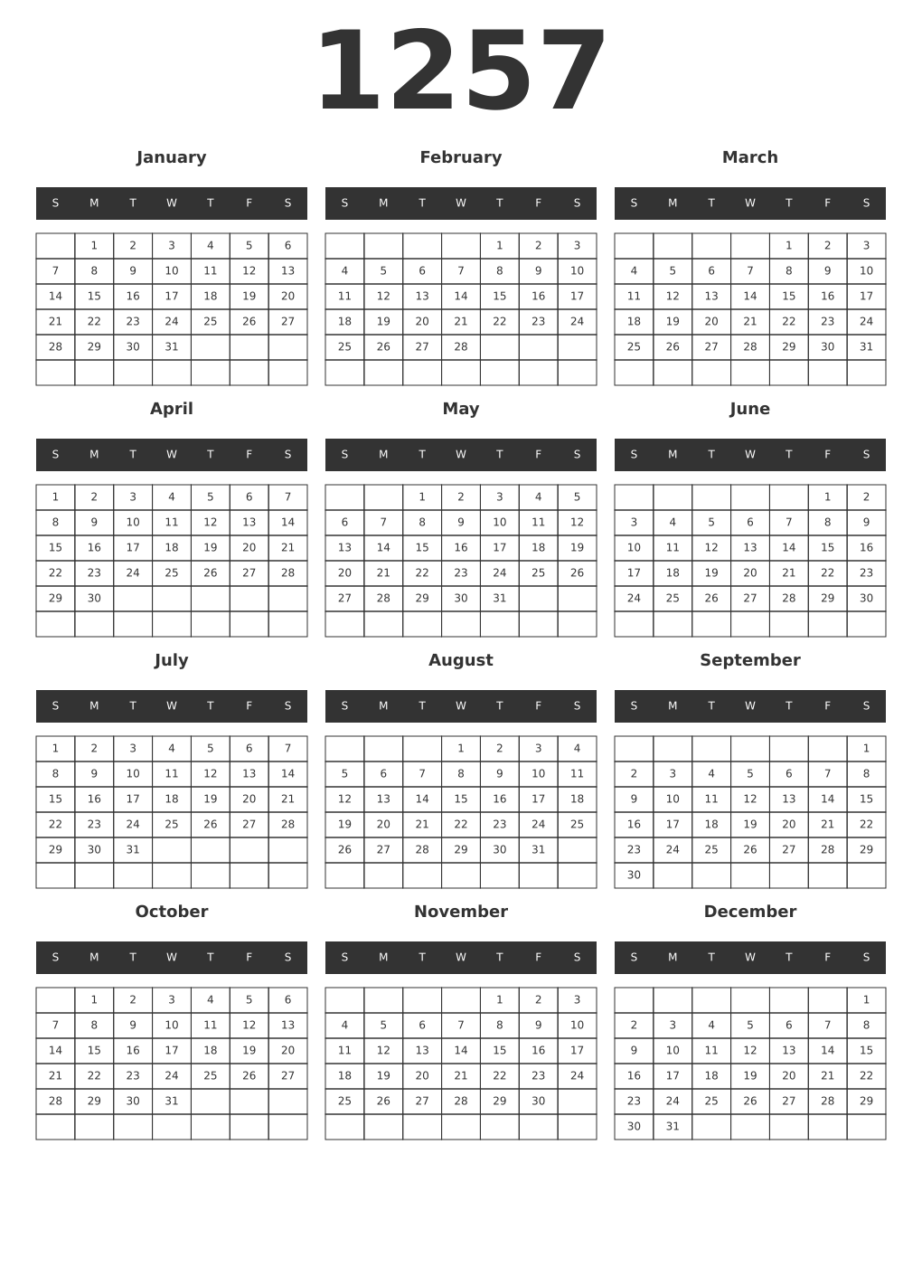 Printable 1257 Year Calendars dark