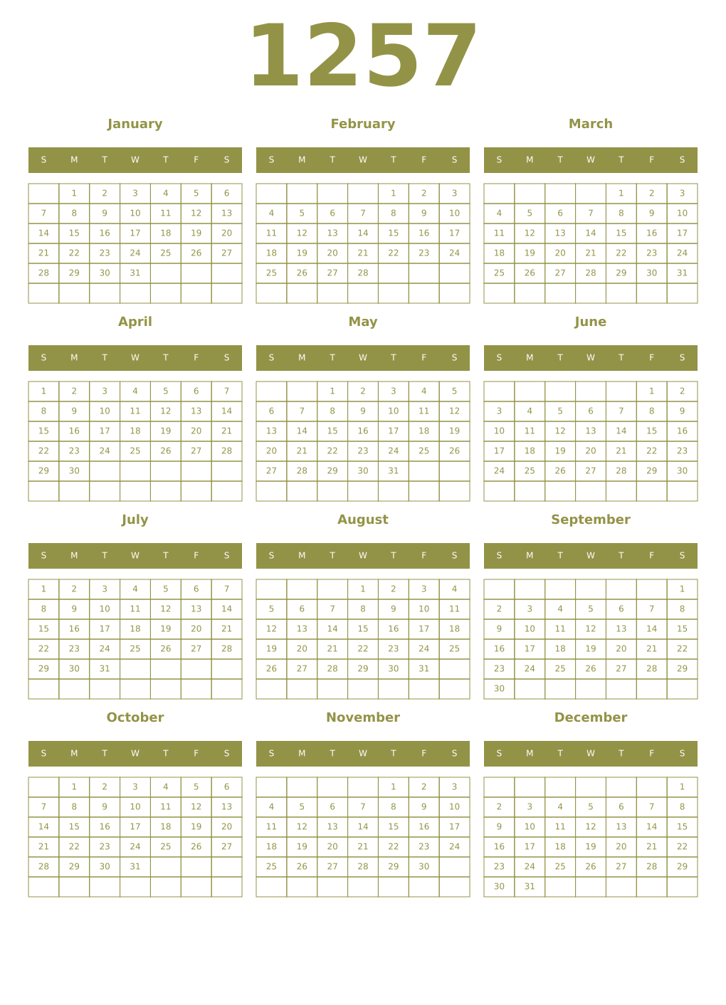Printable 1257 Year Calendars eburnean