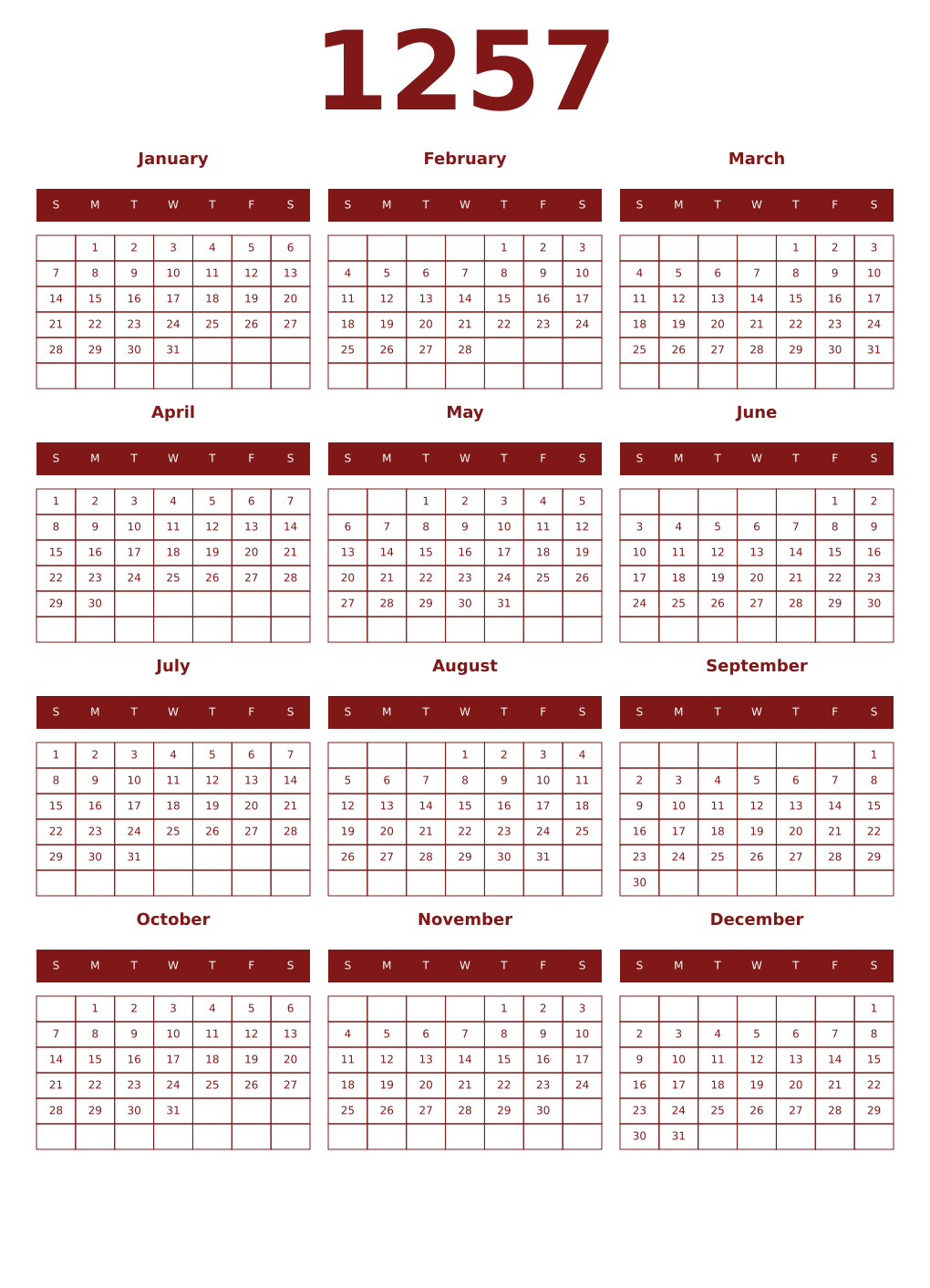 Printable 1257 Year Calendars falu
