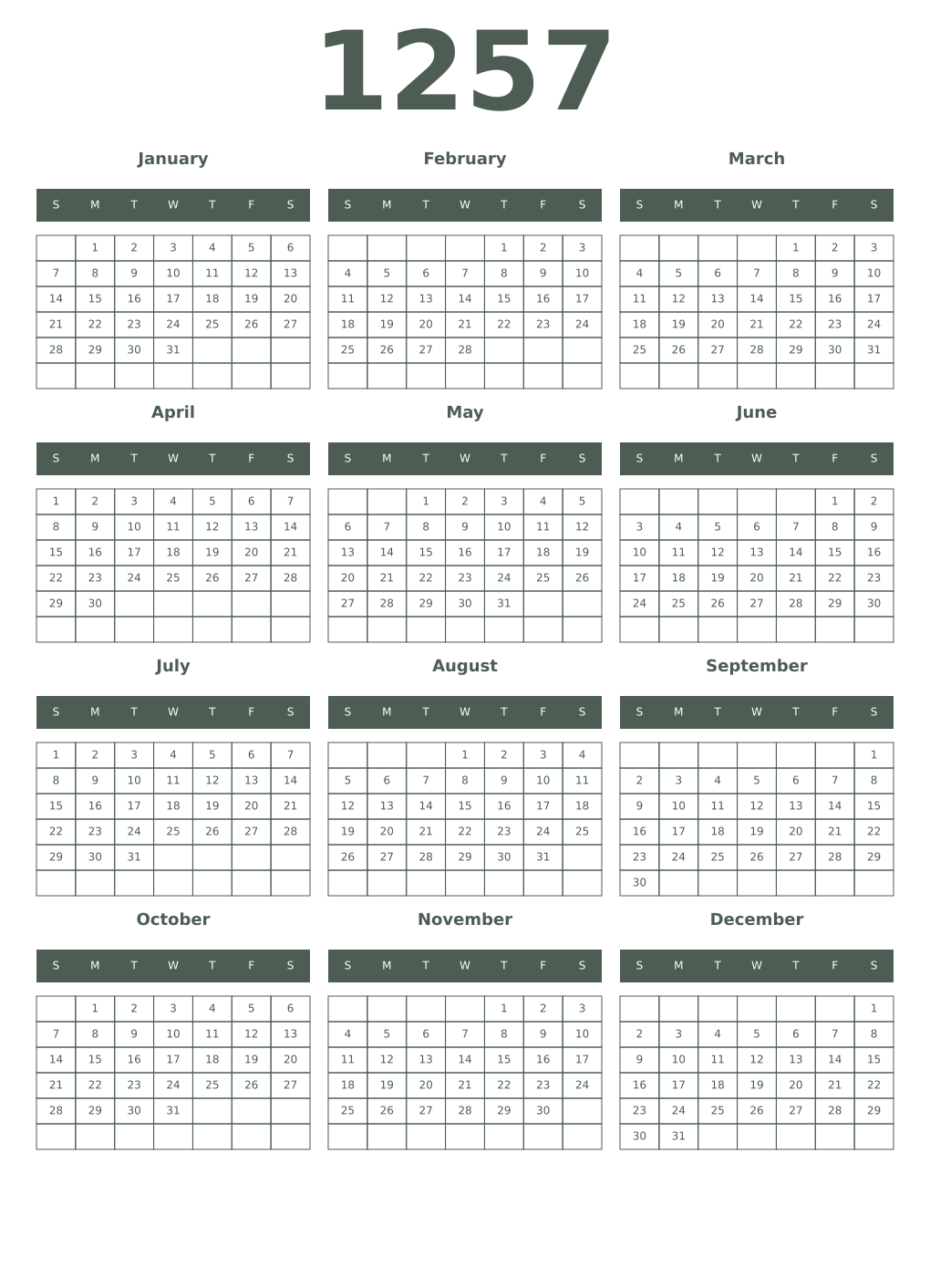 Printable 1257 Year Calendars feldgrau