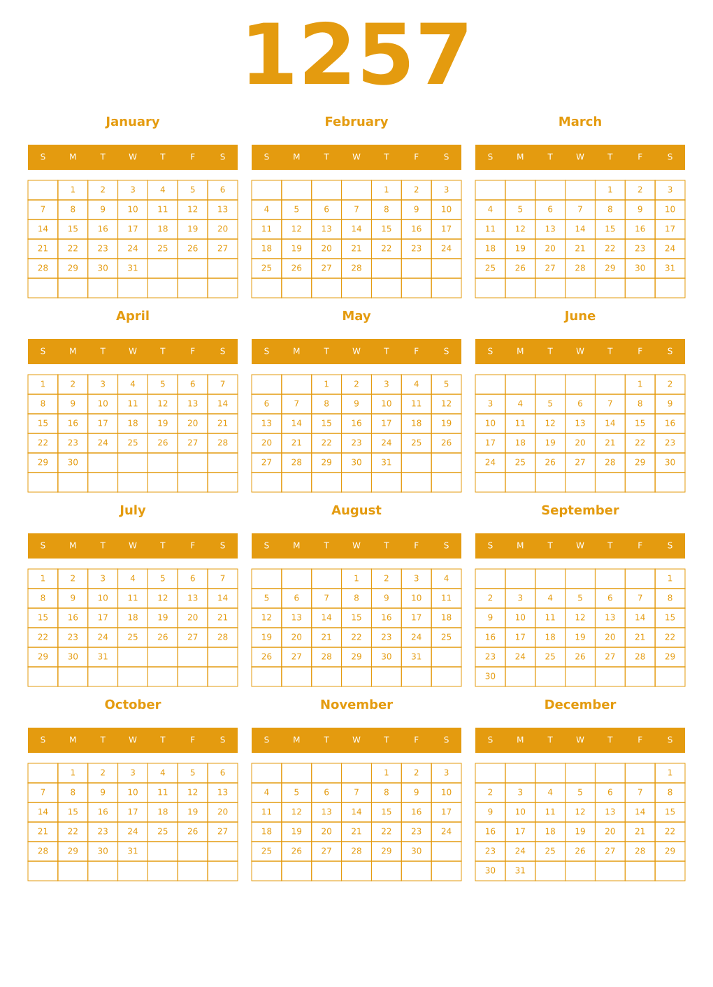 Printable 1257 Year Calendars gamboge