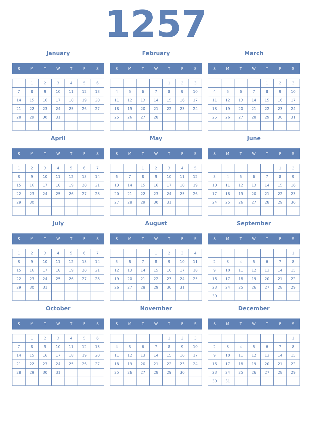 Printable 1257 Year Calendars glaucous