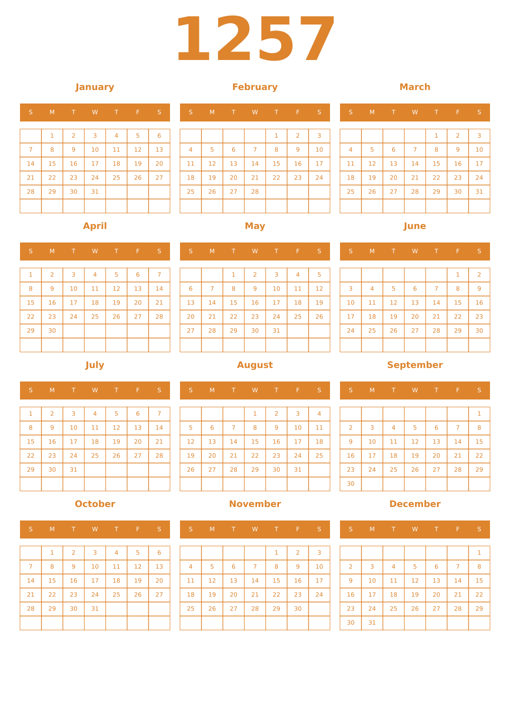 Printable 1257 Year Calendars orange