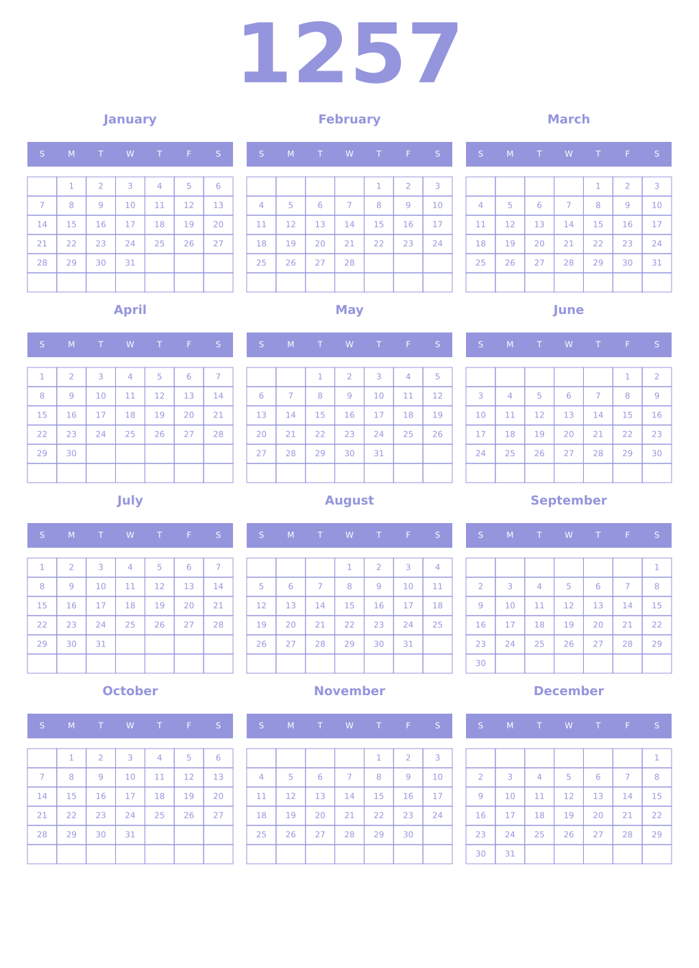 Printable 1257 Year Calendars periwinkle