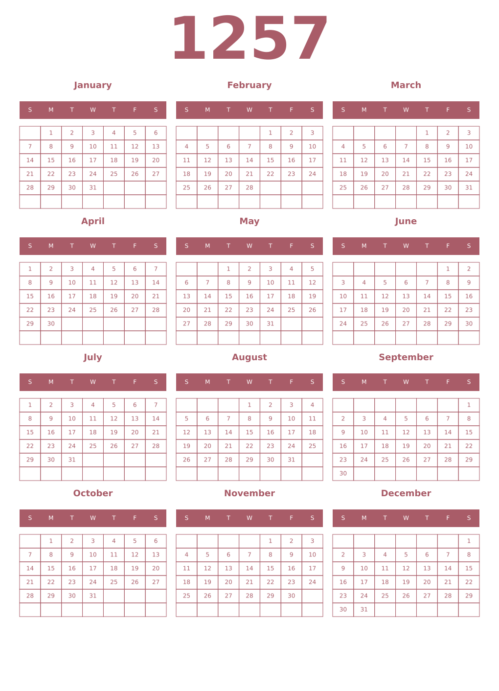 Printable 1257 Year Calendars puce