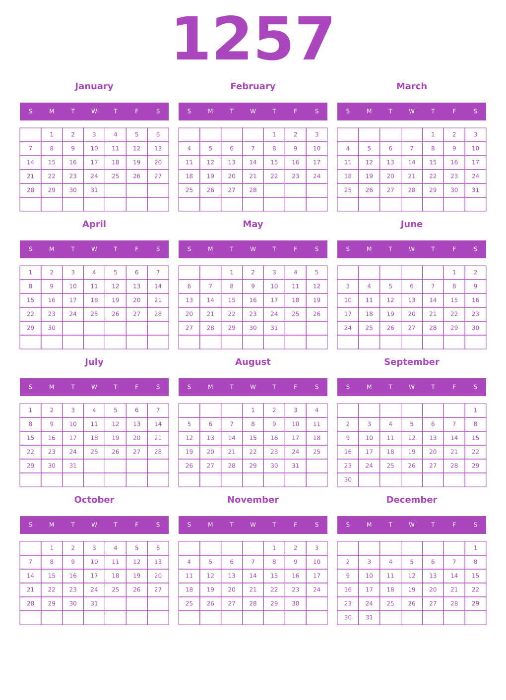 Printable 1257 Year Calendars purple