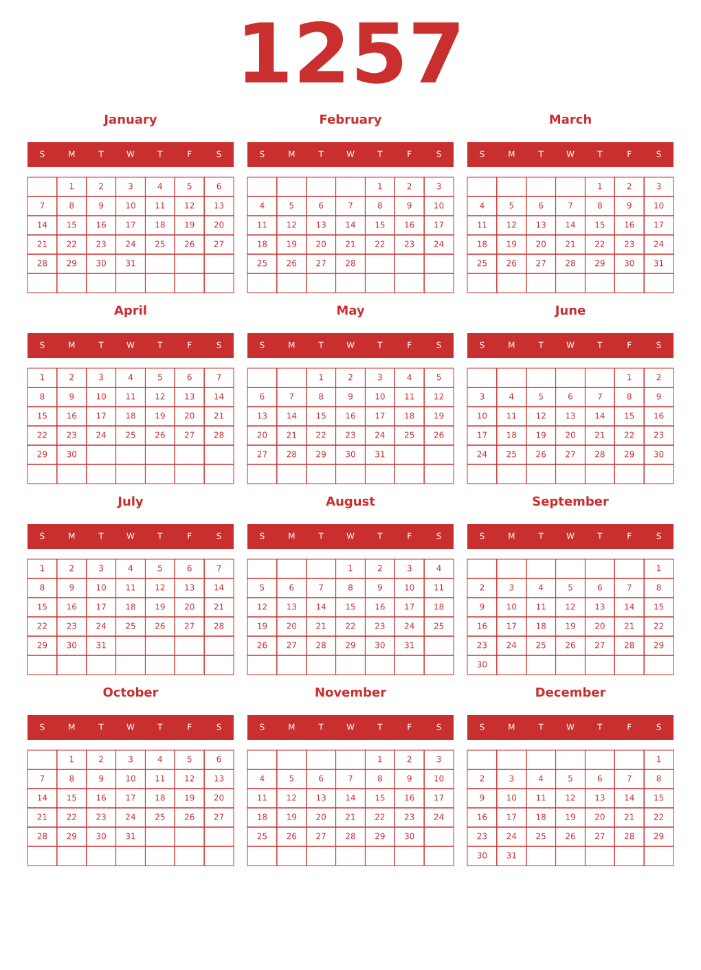 Printable 1257 Year Calendars red