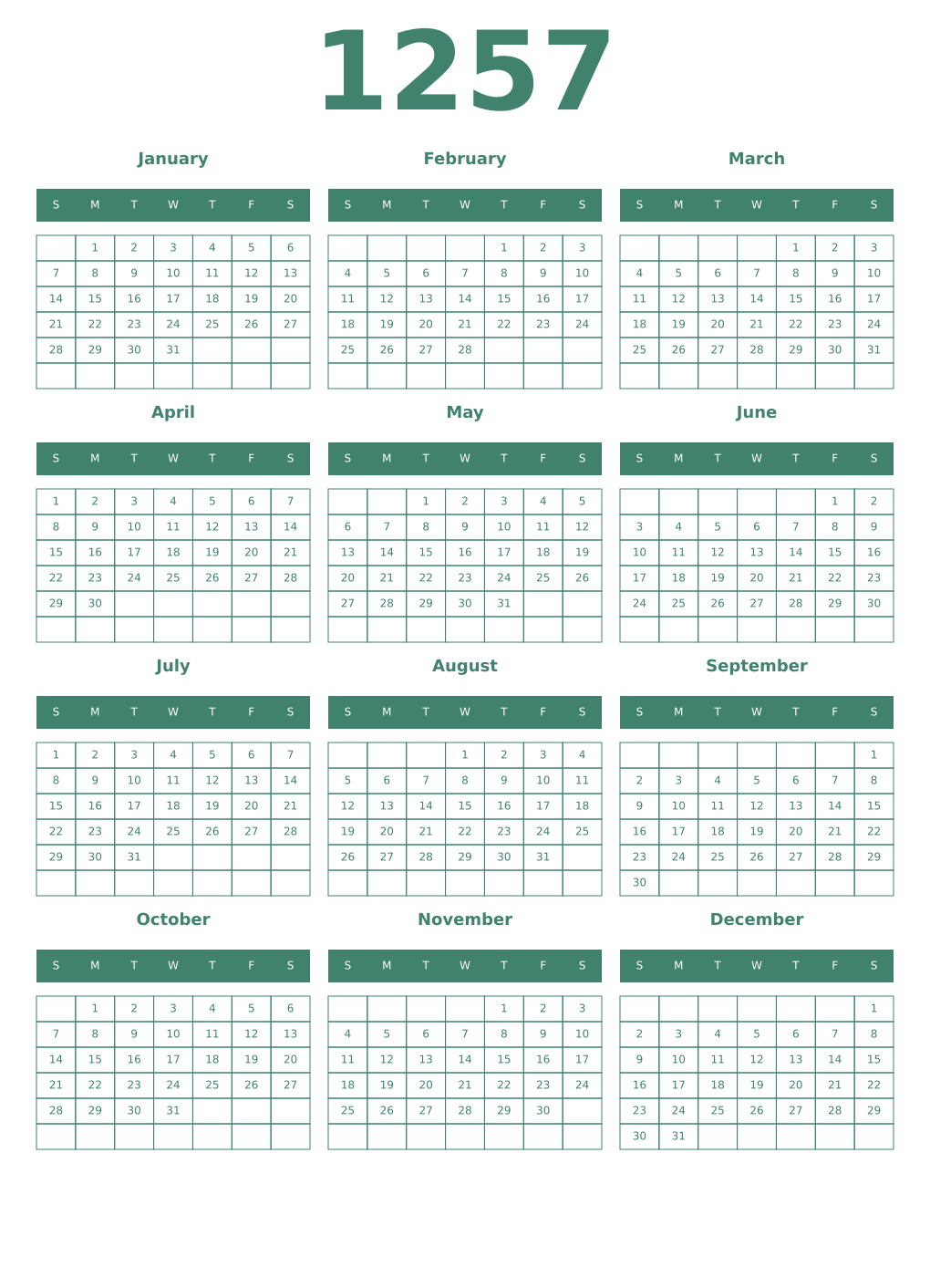 Printable 1257 Year Calendars viridian
