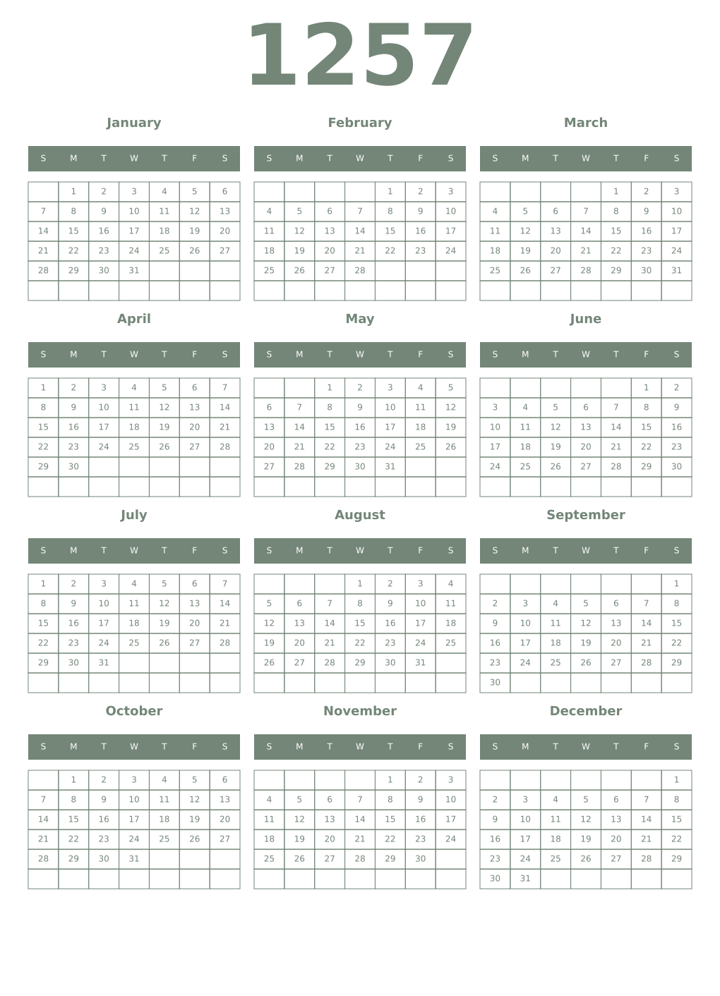 Printable 1257 Year Calendars xanadu