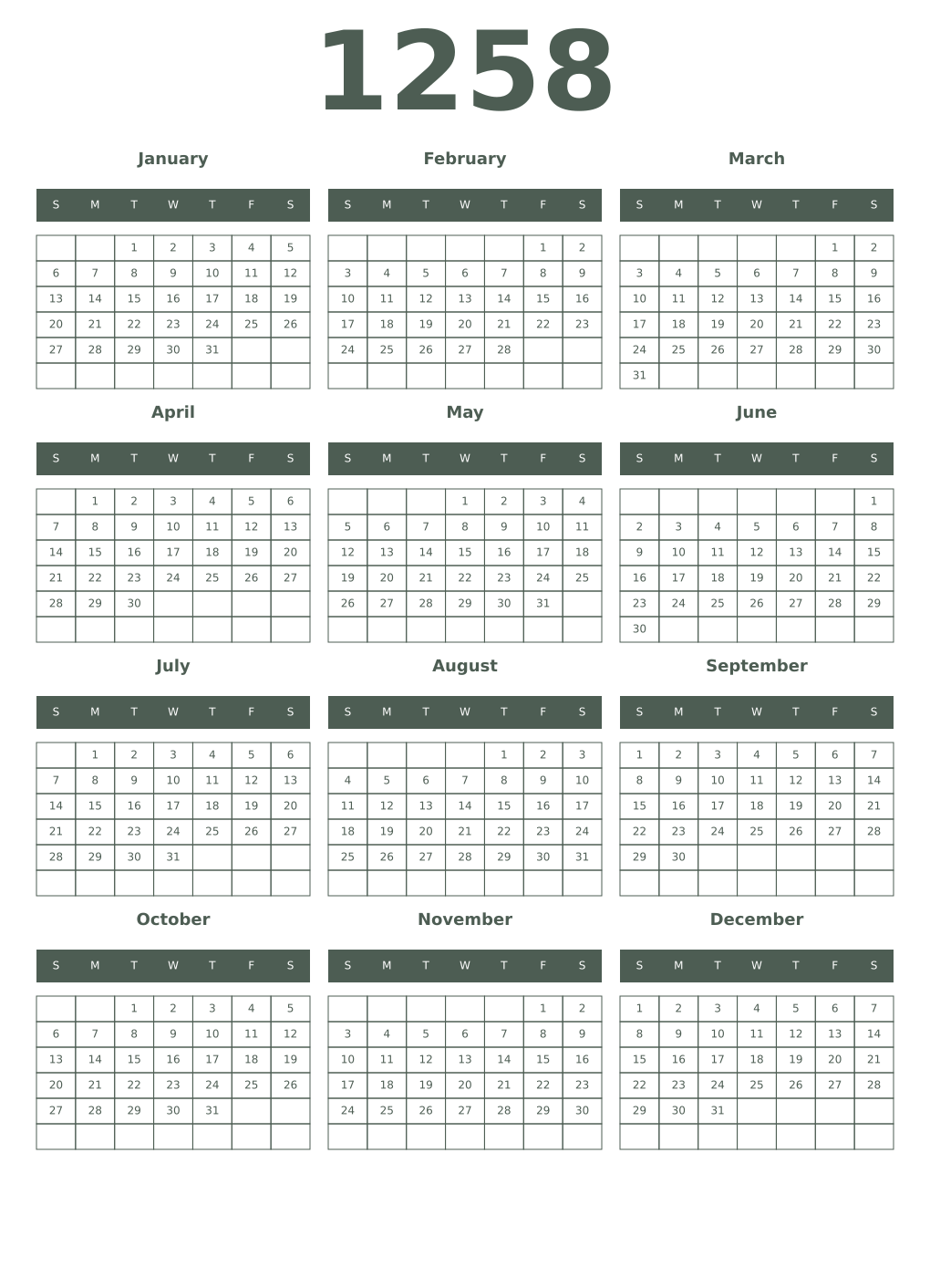Printable 1258 Year Calendars feldgrau