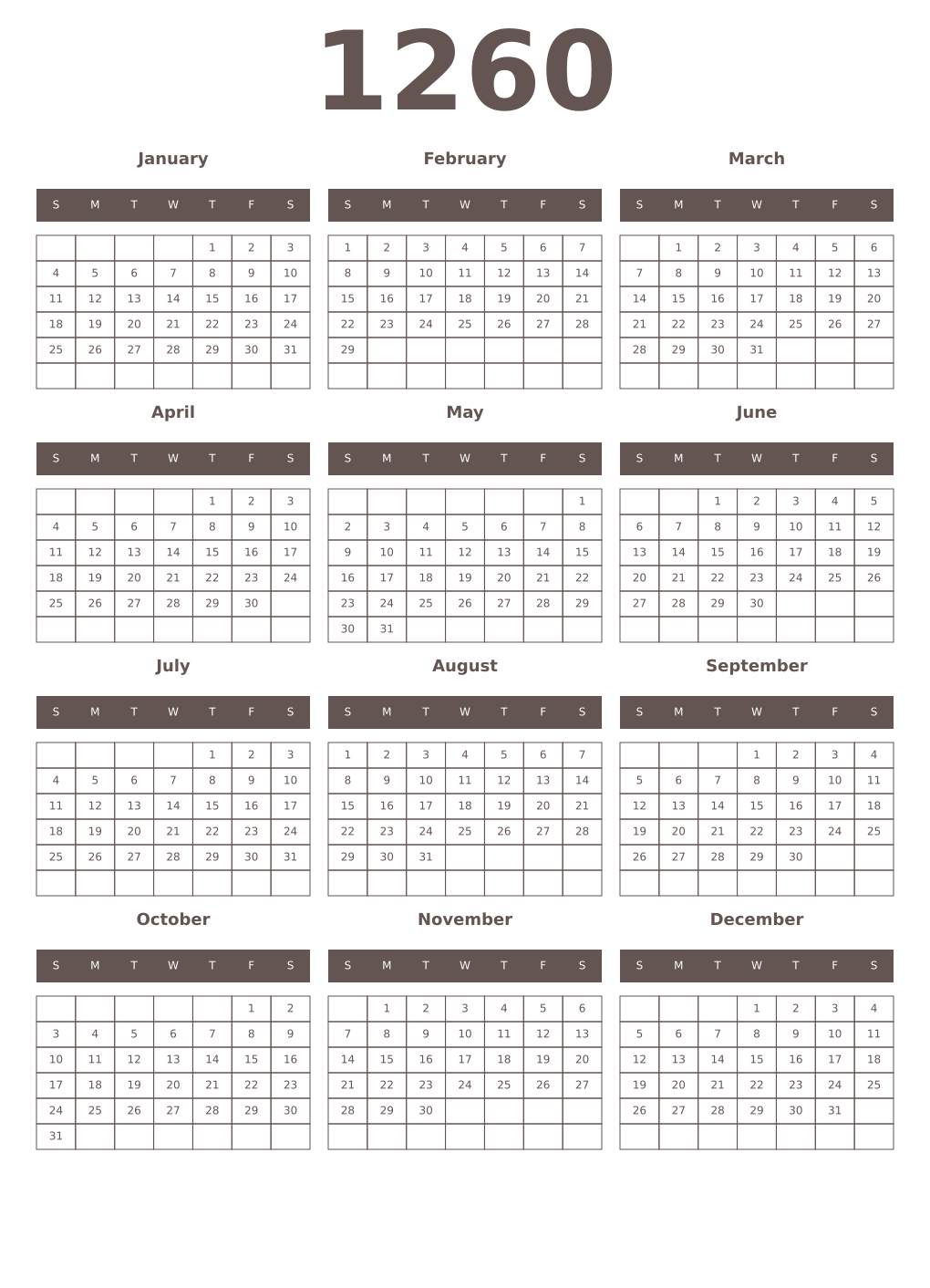 Printable 1260 Year Calendars wenge