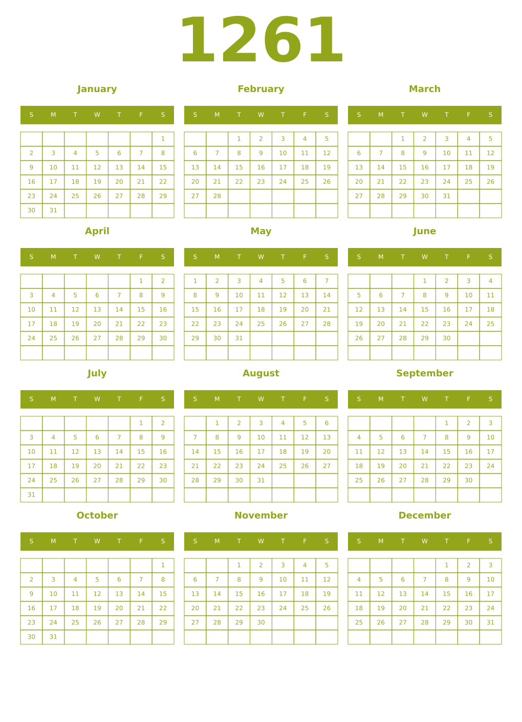 Printable 1261 Year Calendars chartreuse