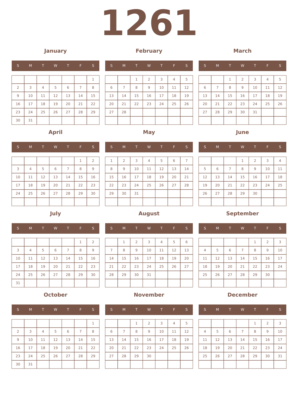 Printable 1261 Year Calendars coffe
