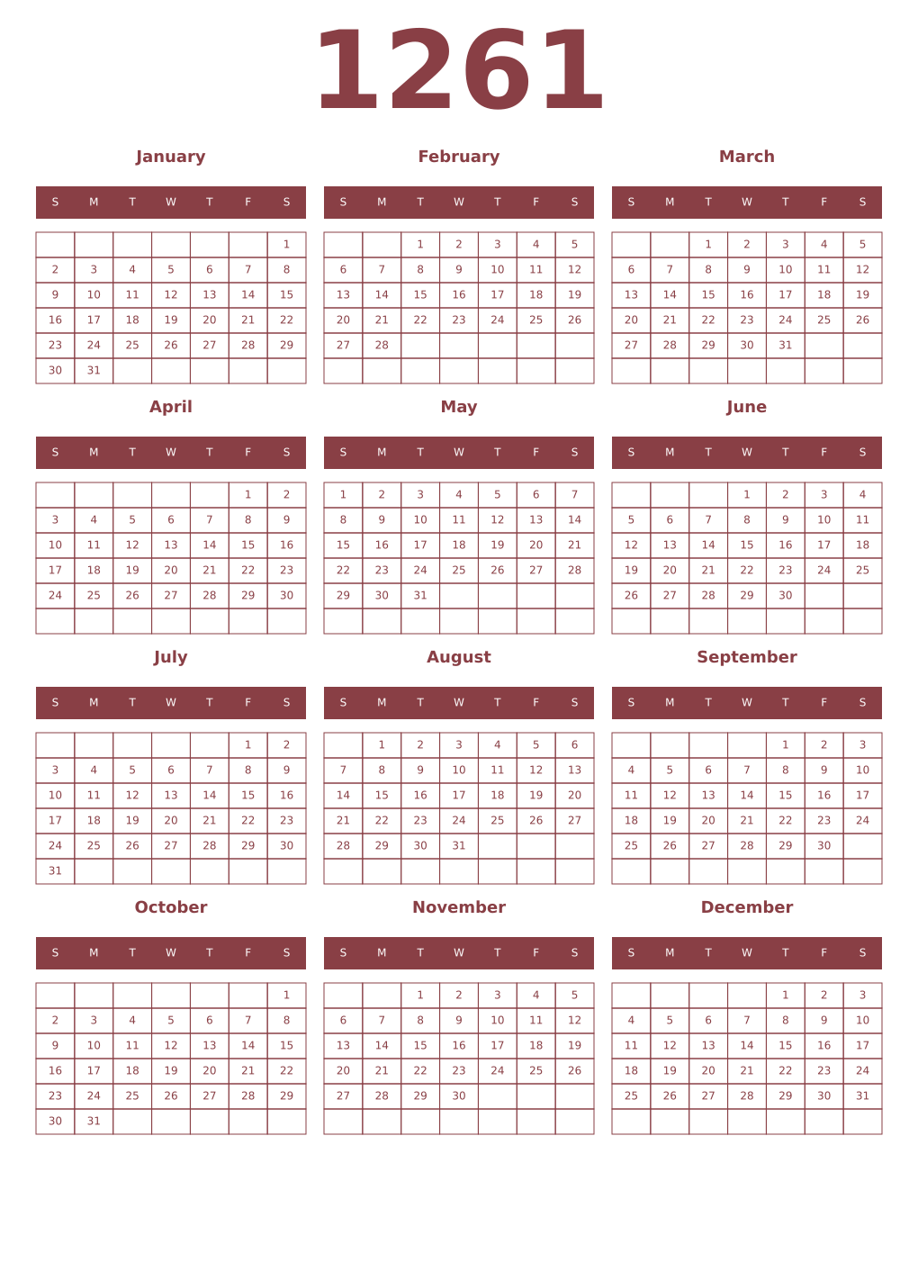 Printable 1261 Year Calendars cordovan